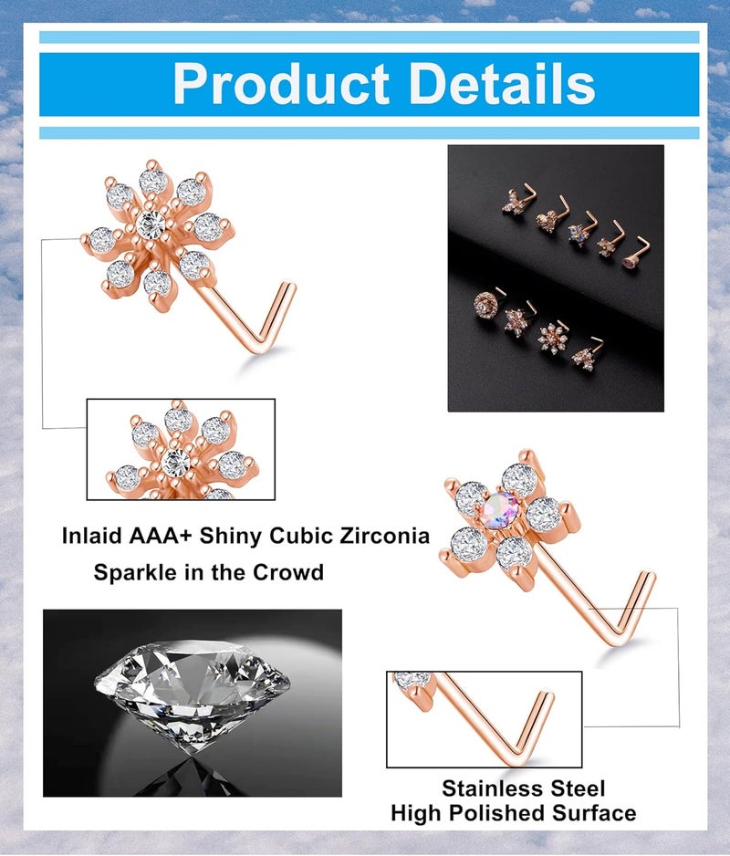 Tornito 9Pcs Nose Rings Stud L Bone Screw Shaped Nose Ring Flower CZ Snowflake Butterfly Screw Nose Stud Body Piercing Jewelry for Women Men 20G Silver Gold Rose Gold Tone - Image 3